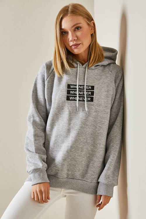 Gri Yazı Detaylı Şardonlu Kapüşonlü Sweatshirt 4KXK8-47597-03 - 3