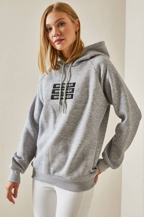 Gri Yazı Detaylı Şardonlu Kapüşonlü Sweatshirt 4KXK8-47597-03 - 5