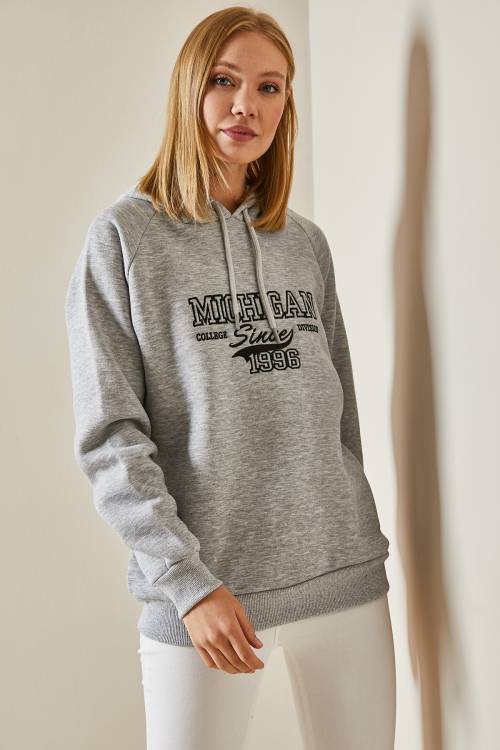 Gri Yazı Detaylı Şardonlu Kapüşonlü Sweatshirt 4KXK8-47600-03 - 5