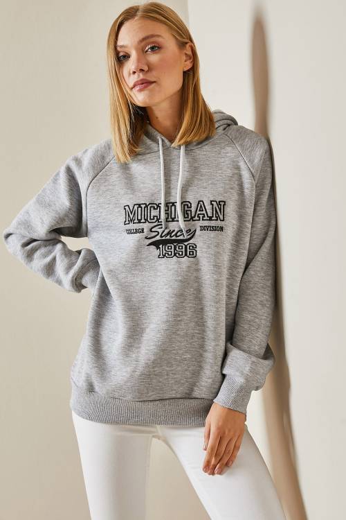 Gri Yazı Detaylı Şardonlu Kapüşonlü Sweatshirt 4KXK8-47600-03 - 6