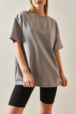 Gümüş Oversize Basic T-Shirt 3YXK1-47087-23 - XHAN