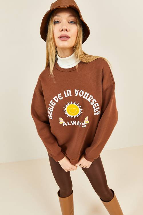 Kahverengi Baskılı Bisiklet Yaka Sweatshirt 3KXK8-46638-18 - 4