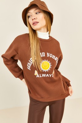 Kahverengi Baskılı Bisiklet Yaka Sweatshirt 3KXK8-46638-18 - 6