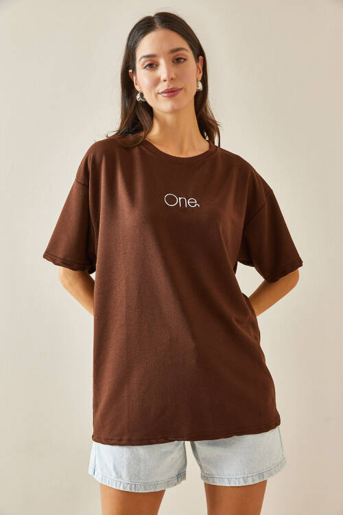 Kahverengi Bisiklet Yaka Yazılı Oversize Tshirt 5YXK1-48703-18 - 3