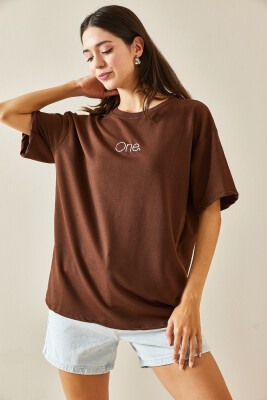 Kahverengi Bisiklet Yaka Yazılı Oversize Tshirt 5YXK1-48703-18 - 6