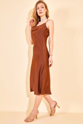 Kahverengi Degaje Yaka Saten Elbise 2YXK6-46154-18 - 6
