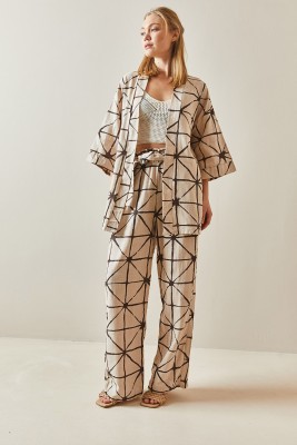 Kahverengi Desenli Bol Paça Keten Kimono Takım 4KXK8-47909-02 