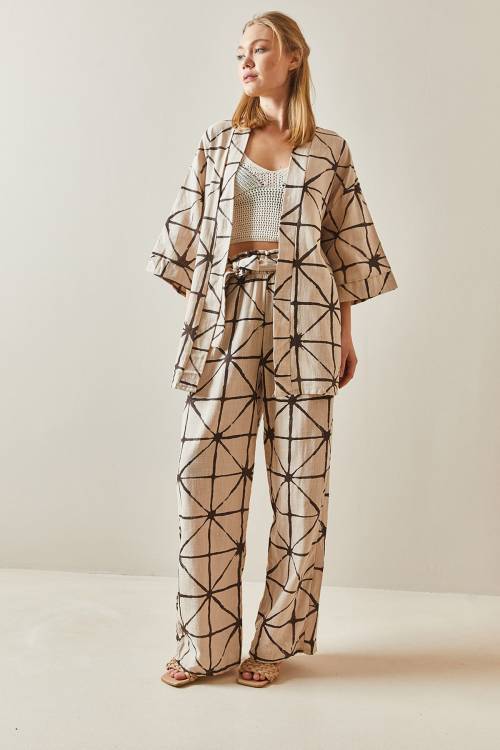 Kahverengi Desenli Bol Paça Keten Kimono Takım 4KXK8-47909-02 - 1