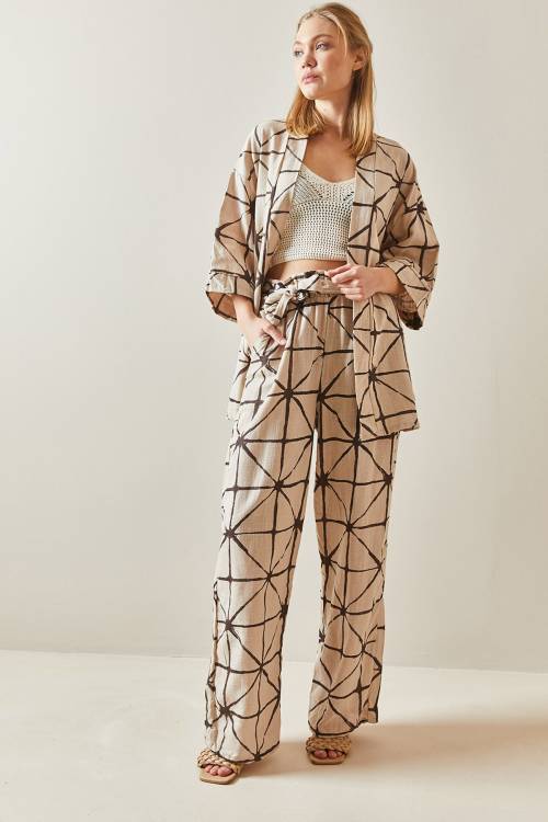 Kahverengi Desenli Bol Paça Keten Kimono Takım 4KXK8-47909-02 - 3