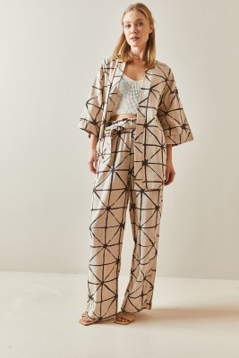 Kahverengi Desenli Bol Paça Keten Kimono Takım 4KXK8-47909-02 - 5