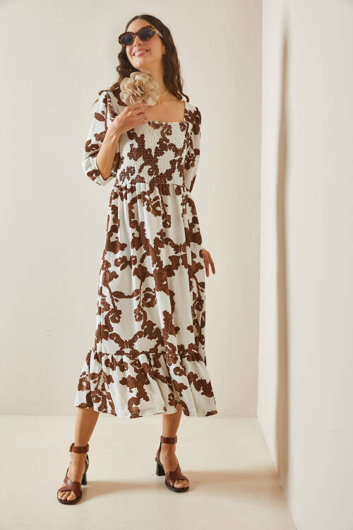 Kahverengi Desenli Gipe Detaylı Etek Ucu Fırfırlı Örme Elbise 5YXK6-48509-18 - 2