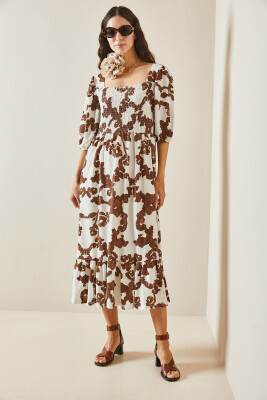 Kahverengi Desenli Gipe Detaylı Etek Ucu Fırfırlı Örme Elbise 5YXK6-48509-18 - 3