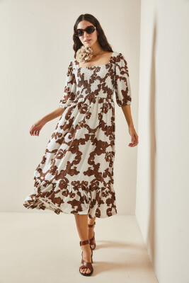 Kahverengi Desenli Gipe Detaylı Etek Ucu Fırfırlı Örme Elbise 5YXK6-48509-18 - 4