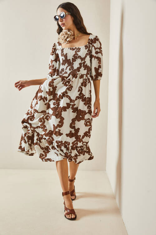Kahverengi Desenli Gipe Detaylı Etek Ucu Fırfırlı Örme Elbise 5YXK6-48509-18 - 5