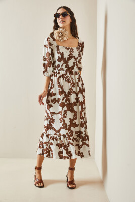 Kahverengi Desenli Gipe Detaylı Etek Ucu Fırfırlı Örme Elbise 5YXK6-48509-18 - 6