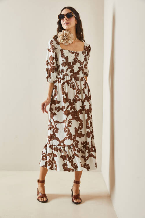 Kahverengi Desenli Gipe Detaylı Etek Ucu Fırfırlı Örme Elbise 5YXK6-48509-18 - 6