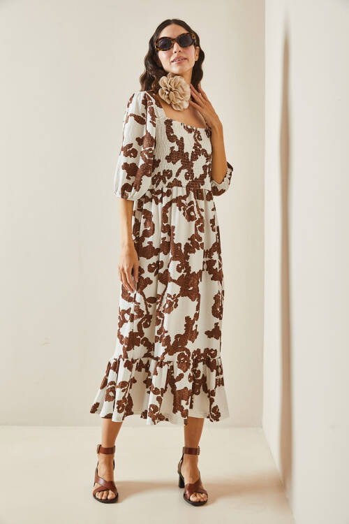 Kahverengi Desenli Gipe Detaylı Etek Ucu Fırfırlı Örme Elbise 5YXK6-48509-18 - 7