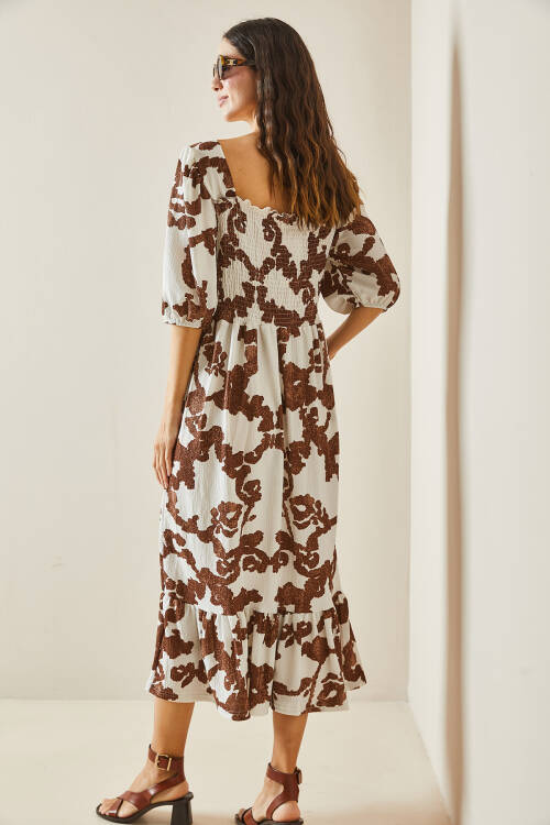 Kahverengi Desenli Gipe Detaylı Etek Ucu Fırfırlı Örme Elbise 5YXK6-48509-18 - 8
