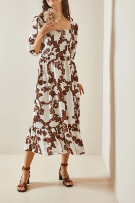 Kahverengi Desenli Gipe Detaylı Etek Ucu Fırfırlı Örme Elbise 5YXK6-48509-18 - XHAN