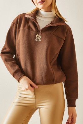 Kahverengi Dik Yaka Fermuarlı & Şardonlu Sweatshirt 4KXK8-47859-18 
