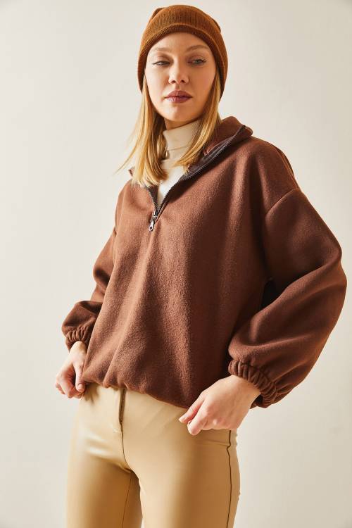 Kahverengi Fermuarlı Dik Yaka Polar Sweatshirt 4KXK8-47854-18 - 5