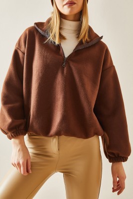 Kahverengi Fermuarlı Dik Yaka Polar Sweatshirt 4KXK8-47854-18 - 1