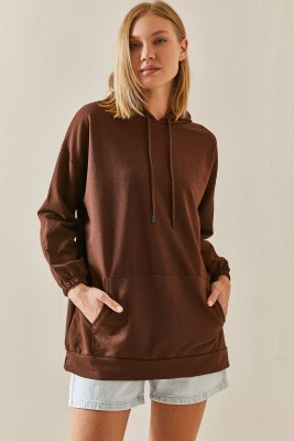 Kahverengi Kanguru Cepli Oversize Kapüşonlü Sweatshirt 3YXK8-47461-18 