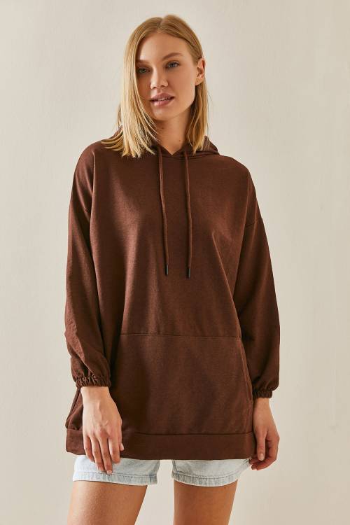 Kahverengi Kanguru Cepli Oversize Kapüşonlü Sweatshirt 3YXK8-47461-18 - 2