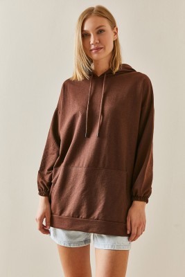 Kahverengi Kanguru Cepli Oversize Kapüşonlü Sweatshirt 3YXK8-47461-18 - 3