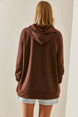 Kahverengi Kanguru Cepli Oversize Kapüşonlü Sweatshirt 3YXK8-47461-18 - 4