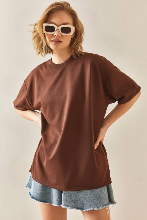 Kahverengi Oversize Basic Tişört 3YXK1-47087-18 - 2