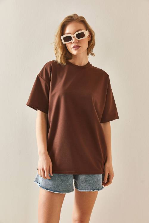 Kahverengi Oversize Basic Tişört 3YXK1-47087-18 - 4