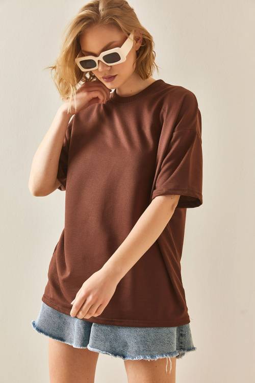 Kahverengi Oversize Basic Tişört 3YXK1-47087-18 - 5
