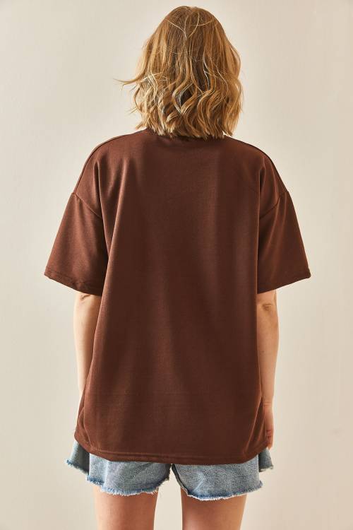 Kahverengi Oversize Basic Tişört 3YXK1-47087-18 - 6