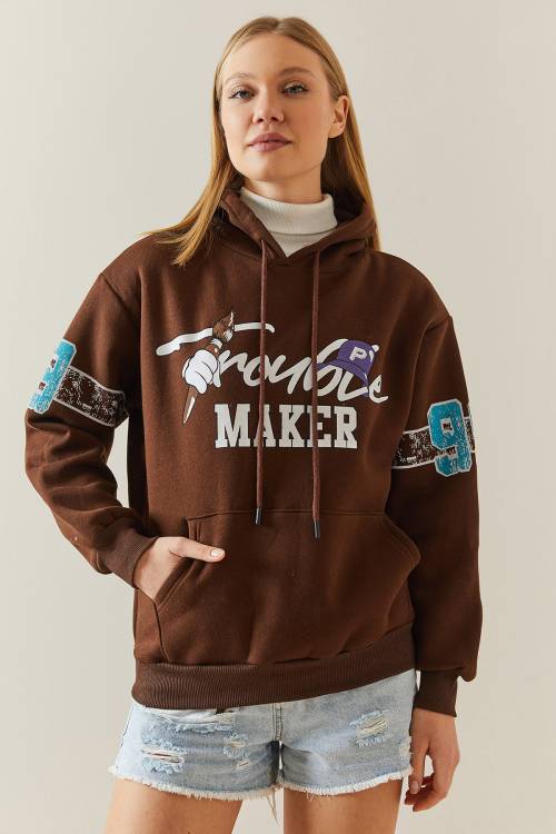 Kahverengi Şardonlu & Arkası Baskılı Kapüşonlü Sweatshirt 4KXK8-47835-18 - 3