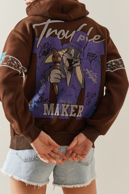 Kahverengi Şardonlu & Arkası Baskılı Kapüşonlü Sweatshirt 4KXK8-47835-18 - 1