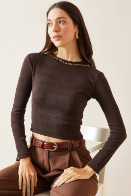 Kahverengi Zincir Detaylı Kaşkorse Crop Bluz 5KXK2-49010-18 - 2