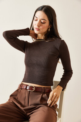 Kahverengi Zincir Detaylı Kaşkorse Crop Bluz 5KXK2-49010-18 - 6