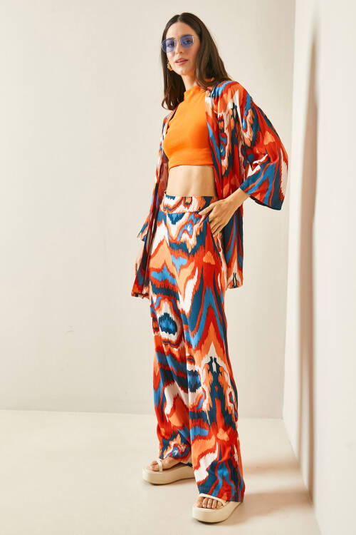 Kiremit Batik Desenli Kimono Takım 5YXK8-48451-16 - 2