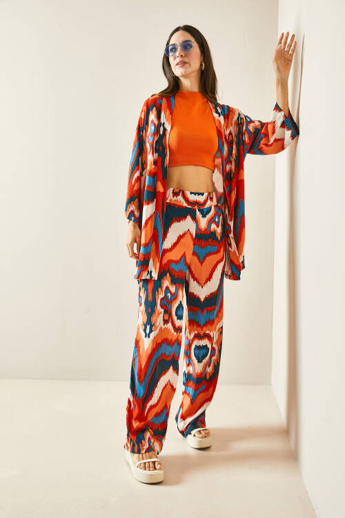 Kiremit Batik Desenli Kimono Takım 5YXK8-48451-16 - 5