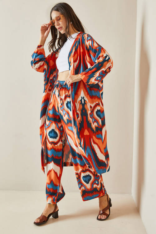 Kiremit Desenli Kimono Takım 5YXK8-48668-16 - 2