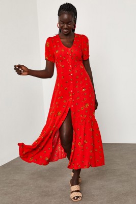 Kırmızı Çiçek Desenli Arkası Kuşaklı Elbise 1YXK6-45064-04 - 1