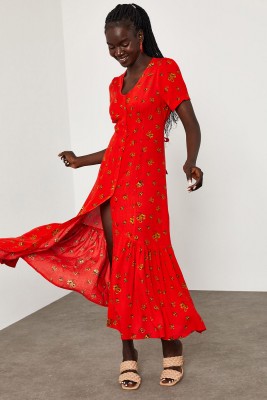 Kırmızı Çiçek Desenli Arkası Kuşaklı Elbise 1YXK6-45064-04 - 3