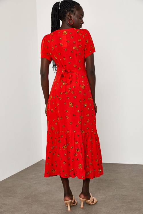 Kırmızı Çiçek Desenli Arkası Kuşaklı Elbise 1YXK6-45064-04 - 7