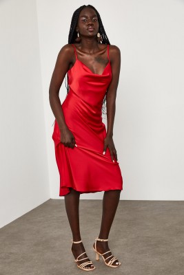 Kırmızı Degaje Yaka Saten Elbise 1YXK6-45004-04 - 1
