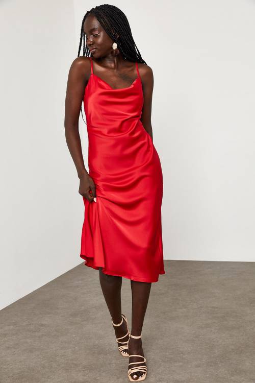 Kırmızı Degaje Yaka Saten Elbise 1YXK6-45004-04 - 5