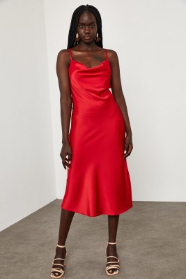 Kırmızı Degaje Yaka Saten Elbise 1YXK6-45004-04 - 6