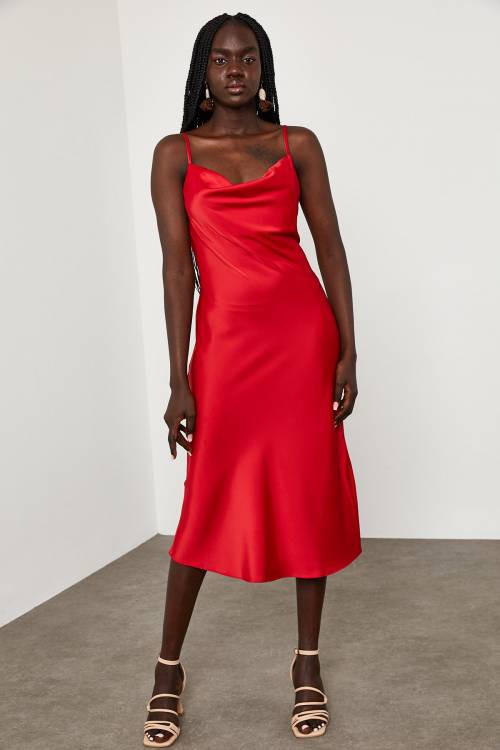 Kırmızı Degaje Yaka Saten Elbise 1YXK6-45004-04 - 7