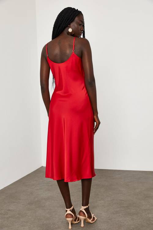 Kırmızı Degaje Yaka Saten Elbise 1YXK6-45004-04 - 8