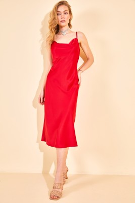 Kırmızı Degaje Yaka Saten Elbise 2YXK6-46154-04 - 2